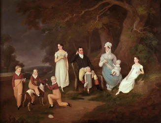 Gruppenporträt eines Gutsherrn, seiner Frau und Kinder am Rande des New Forest, 1817